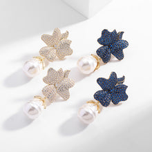 Load image into Gallery viewer, Jewelblings Baroque Vintage Full Micro Pave Dark Blue Flower and Pearl Drop Earrings Two Tone Jewelry
