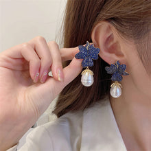 Load image into Gallery viewer, Jewelblings Baroque Vintage Full Micro Pave Dark Blue Flower and Pearl Drop Earrings Two Tone Jewelry
