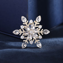 Load image into Gallery viewer, Jewelblings Winter Holiday Jewelry Gold Tone Clear and Blue Snowflake Brooch Pin Snow Flower Jewelry
