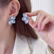 Load image into Gallery viewer, Jewelblings Fantastic Pear Stone Deco Clear and Blue Trio Petal Stud Earrings Half Flower Jewelry
