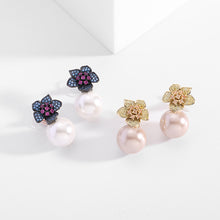 Load image into Gallery viewer, Jewelblings Baroque Vintage Style Hot Pink Pistil Dark Blue Flower and Pearl Stud Earrings Fairy Jewelry
