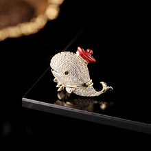 Load image into Gallery viewer, Jewelblings Lovely Gold Tone Full Micro Pave Clear CZ Black Eyes Whale Lapel Pin Collar Pin with Red Hat Marine Jewelry
