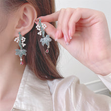 Load image into Gallery viewer, Jewelblings Delicate Mini Pearl Accent Green Vine and Grape Leaf Earrings with Red Teardrop Garden Party Jewelry
