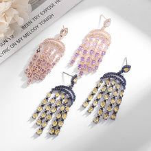 Load image into Gallery viewer, Jewelblings Fancy Vintage Style Blue Crescent Moon and Yellow Tassel Drop Earrings Geometrical Jewelry
