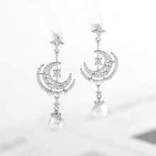 Load image into Gallery viewer, Jewelblings Chic Fashion Silver Tone Star Moon Pearl Drop Earrings Celestial Party Jewelry
