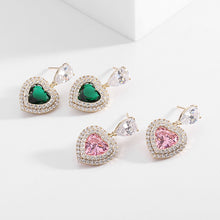 Load image into Gallery viewer, Jewelblings Romance Vintage Double Clear CZ Embellishment Pink Green Love Heart Drop Earrings Valentine’s Day Accessory
