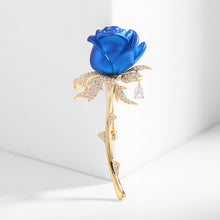 Load image into Gallery viewer, Jewelblings Romance Vintage CZ Accent Golden Leaf Long Stem Enchanting Red Rose Brooch Pin Valentine First Date Accessory
