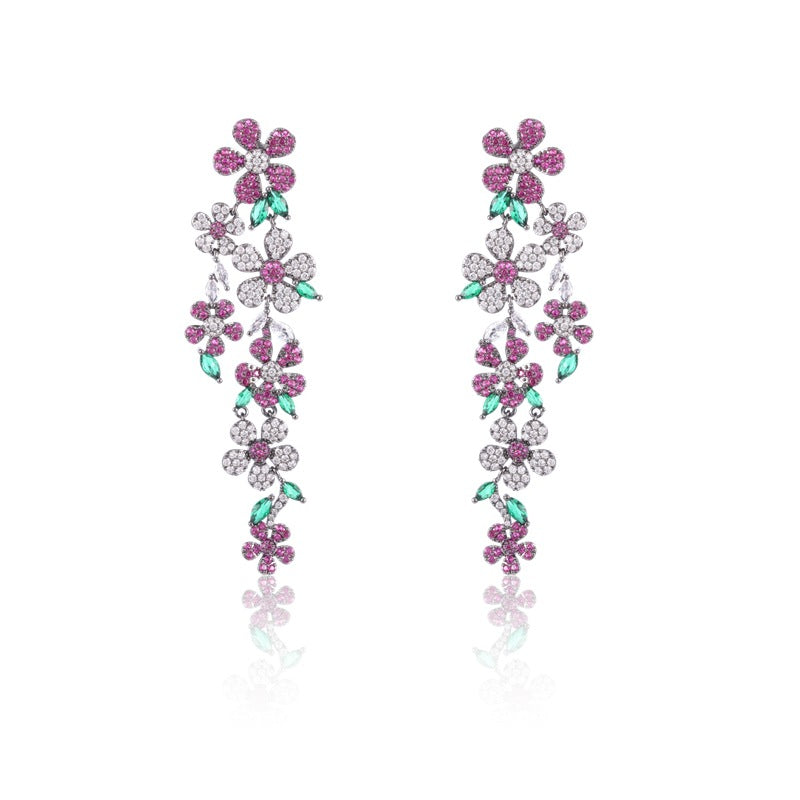 Jewelblings Flourish Luxury Long Clear White Hot Pink Floral Cascading Drop Earrings Formal Event Accessory