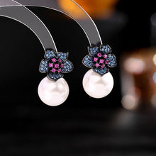 Load image into Gallery viewer, Jewelblings Baroque Vintage Style Hot Pink Pistil Dark Blue Flower and Pearl Stud Earrings Fairy Jewelry
