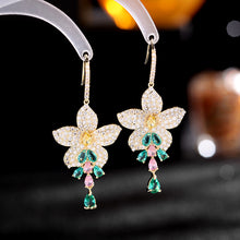 Load image into Gallery viewer, Jewelblings Glitter Gold Tone Yellow Flower Green Dangle Hook Earrings Fantastic Dinner Jewelry
