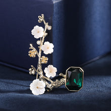 Load image into Gallery viewer, Jewelblings Vintage Style Golden Carved Stem Mother of Pearl Plum Blossom Green Pot Bonsai Brooch Pin Traditional Sakura Jewelry
