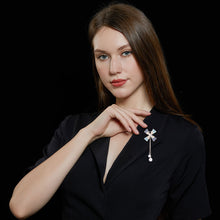Load image into Gallery viewer, Jewelblings Designer Gold Tone Two Layered Cross Domed Windmill Brooch Pin with Pearl Drop
