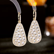 Load image into Gallery viewer, Jewelblings Glitter Gold Tone Embellishment Full Round Stones Pear Shaped Drop Clip Earrings
