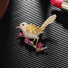 Load image into Gallery viewer, Jewelblings Lovely Gold Tone Micro Pave Body and Marquise Shaped CZ Wing Yellow Bird Brooch with Pink Flower Branch
