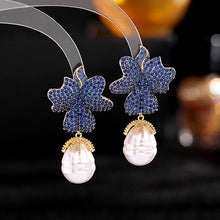 Load image into Gallery viewer, Jewelblings Baroque Vintage Full Micro Pave Dark Blue Flower and Pearl Drop Earrings Two Tone Jewelry
