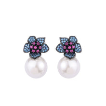 Load image into Gallery viewer, Jewelblings Baroque Vintage Style Hot Pink Pistil Dark Blue Flower and Pearl Stud Earrings Fairy Jewelry
