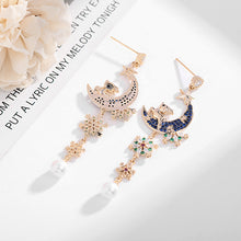 Load image into Gallery viewer, Jewelblings Fair Tale Style Long Golden Reindeer Blue Moon Snowflake Pearl Drop Earrings
