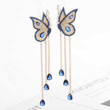 Load image into Gallery viewer, Jewelblings Stunning Vivid Dancing Blue Butterfly Earrings with Trio Tassel Drop Formal Dress Insect Jewelry
