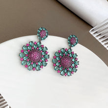Load image into Gallery viewer, Jewelblings Boho Vintage Blue and Hot Pink Daisy Flower Drop Earrings Blocking Color Floral Jewelry
