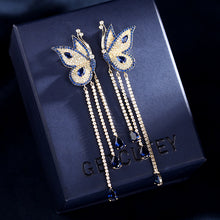Load image into Gallery viewer, Jewelblings Stunning Vivid Dancing Blue Butterfly Earrings with Trio Tassel Drop Formal Dress Insect Jewelry
