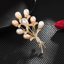 Load image into Gallery viewer, Elegant Gold Tied Stem Gray Pink Pearl Flower Bud Bouquet Brooch Pin Wedding Accessory
