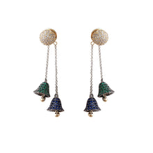 Load image into Gallery viewer, Jewelblings Fantastic Long Chain Tassel Blue and Green Double Bell Drop Earrings Winter Holiday Jewelry
