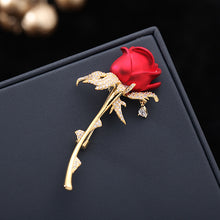 Load image into Gallery viewer, Jewelblings Romance Vintage CZ Accent Golden Leaf Long Stem Enchanting Red Rose Brooch Pin Valentine First Date Accessory
