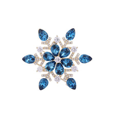 Load image into Gallery viewer, Jewelblings Winter Holiday Jewelry Gold Tone Clear and Blue Snowflake Brooch Pin Snow Flower Jewelry
