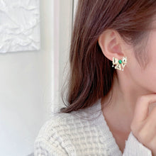 Load image into Gallery viewer, Jewelblings Vintage Gold Metal Ribbon Green Stone Center Bow Stud Earrings with Clear Stone Accent

