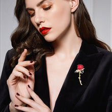 Load image into Gallery viewer, Jewelblings Romance Vintage CZ Accent Golden Leaf Long Stem Enchanting Red Rose Brooch Pin Valentine First Date Accessory
