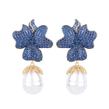 Load image into Gallery viewer, Jewelblings Baroque Vintage Full Micro Pave Dark Blue Flower and Pearl Drop Earrings Two Tone Jewelry

