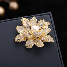 Load image into Gallery viewer, Luxurious Pearl Domed Multi-tiered Petals Golden Lotus Flower Brooch Pin
