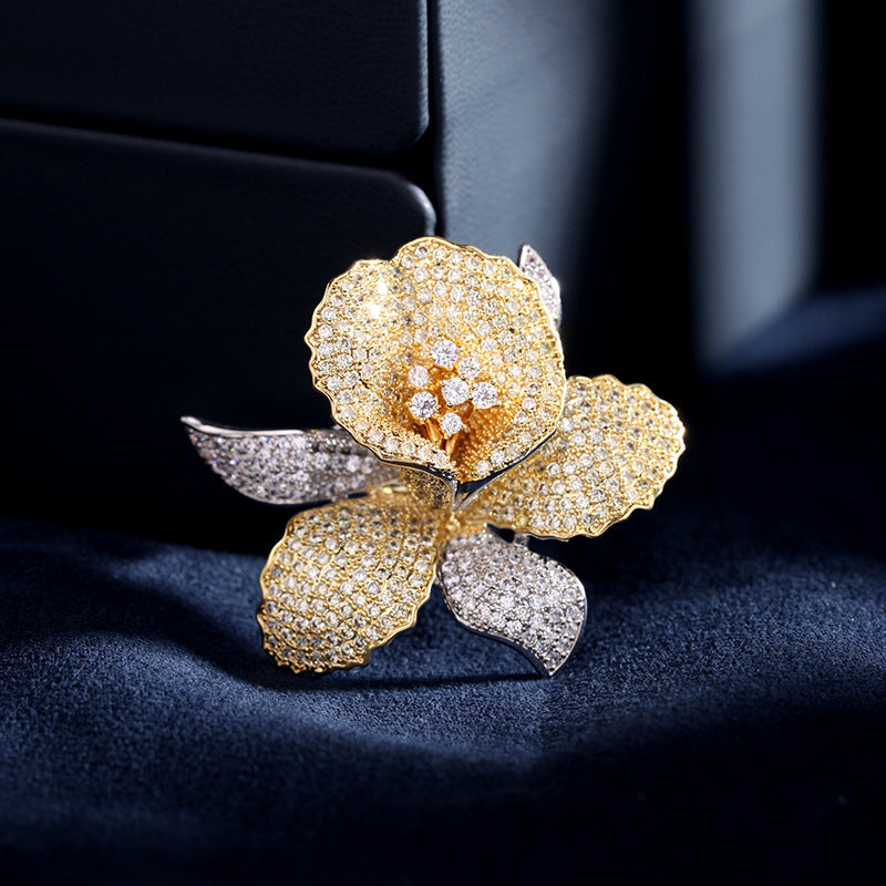 Jewelblings Luxurious Full Micro Pave CZ Blossom Yellow Orchid Flower Brooch Pin for Women Jewelry