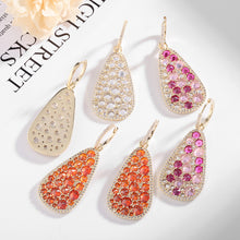 Load image into Gallery viewer, Jewelblings Glitter Gold Tone Embellishment Full Round Stones Pear Shaped Drop Clip Earrings
