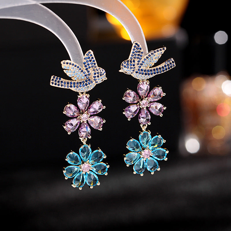 Jewelblings Chic Fashion Trio Tiered Bird Carry Daisy Flowers Drop Earrings Fancy Jewelry