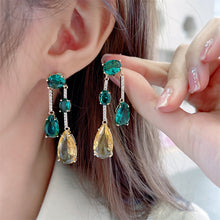 Load image into Gallery viewer, Modern Design Green Yellow Oval Double Tear Tassel Drop Earrings Geometrical Jewelry
