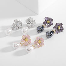 Load image into Gallery viewer, Jewelblings Gothic Vintage Purple Flower and Black Pearl Drop Earrings Costume Floral Accessory
