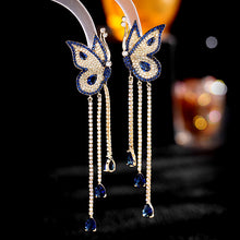 Load image into Gallery viewer, Jewelblings Stunning Vivid Dancing Blue Butterfly Earrings with Trio Tassel Drop Formal Dress Insect Jewelry
