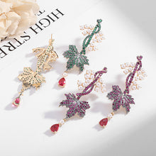 Load image into Gallery viewer, Jewelblings Delicate Mini Pearl Accent Green Vine and Grape Leaf Earrings with Red Teardrop Garden Party Jewelry
