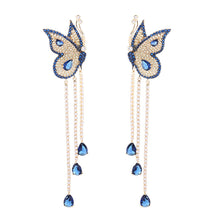 Load image into Gallery viewer, Jewelblings Stunning Vivid Dancing Blue Butterfly Earrings with Trio Tassel Drop Formal Dress Insect Jewelry
