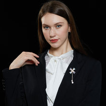 Load image into Gallery viewer, Jewelblings Designer Gold Tone Two Layered Cross Domed Windmill Brooch Pin with Pearl Drop
