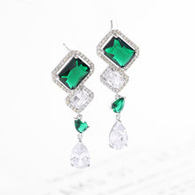 Load image into Gallery viewer, Jewelblings Designer Long Green and Clear Stone Teardrop Earrings Geometrical Jewelry for Formal Occasion Event
