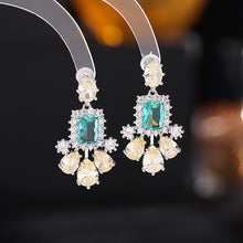 Load image into Gallery viewer, Jewelblings Old European Inspiration Faceted Green Stone Earrings with Trio Yellow Pear Stone Hemmed Color Blocking Jewelry
