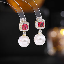 Load image into Gallery viewer, Jewelblings Classic Vintage Embellishment Square Stone and Iridescent Nacreous Luster Ball Drop Earrings Wedding Accessory
