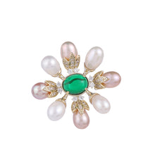 Load image into Gallery viewer, Jewelblings Traditional Japanese Vintage Pearls and Oval Green Stone Art Deco Brooch Pin Cardigan Shawl Wrap Cheongsam Accessory

