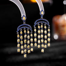 Load image into Gallery viewer, Jewelblings Fancy Vintage Style Blue Crescent Moon and Yellow Tassel Drop Earrings Geometrical Jewelry
