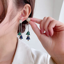 Load image into Gallery viewer, Jewelblings Fantastic Long Chain Tassel Blue and Green Double Bell Drop Earrings Winter Holiday Jewelry
