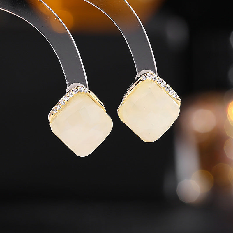 Jewelblings Geometrical Fashion Tinny Clear CZ Hemmed Imitated Jade Square Stud Earrings Causal Wear Accessory
