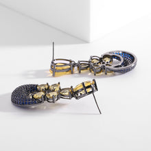 Load image into Gallery viewer, Jewelblings 1950s Vintage Style Long Yellow Pear Stone and Dark Blue Round Drop Earrings Color Block Fancy Jewelry
