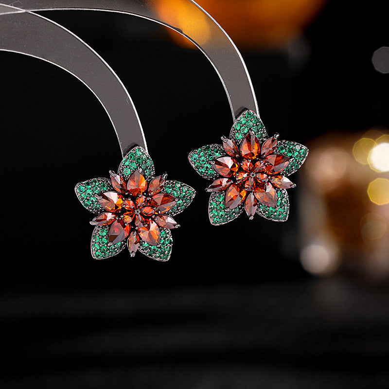 Jewelblings Gorgeous Two-Tiered Star Shaped Five Petal Burnt Orange Green Flower Stud Earrings for Daily Wear